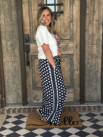Navy and white polka dot wide leg pants