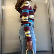 Striped Ribbed Knit Collared Cardigan