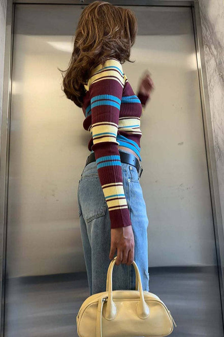 Striped Ribbed Knit Collared Cardigan