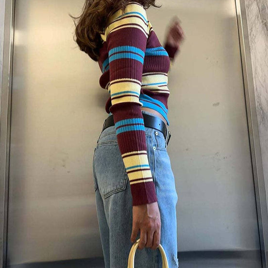 Striped Ribbed Knit Collared Cardigan