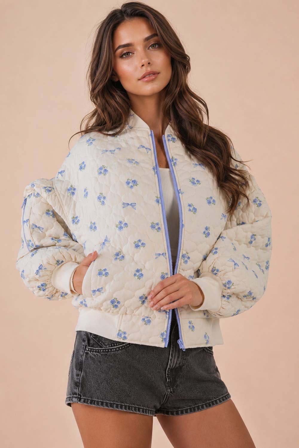 NJ90411-Floral Printed Quilted Oversized Casual Jacket