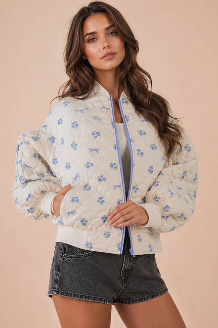 NJ90411-Floral Printed Quilted Oversized Casual Jacket