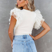 White Polka Dot Mesh Ruffle Sleeve Ribbed Knit Top