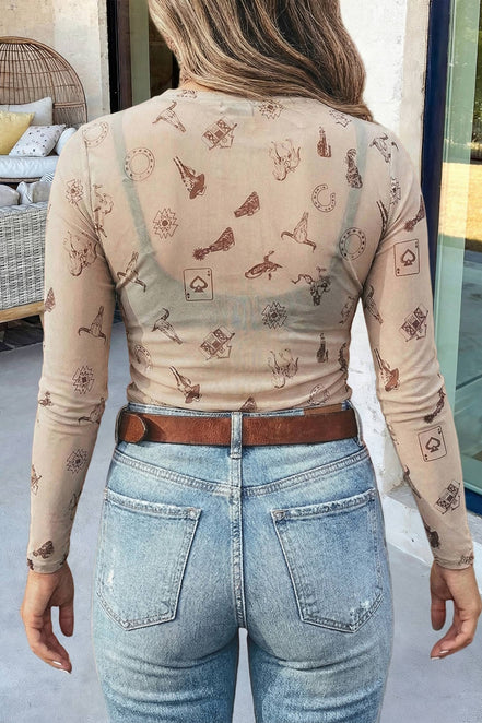 Western Print Mock Neck Mesh SlimLong Sleeve Top | S-XL
