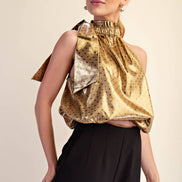 Polka Dot Tie Halter Neck Metallic Top