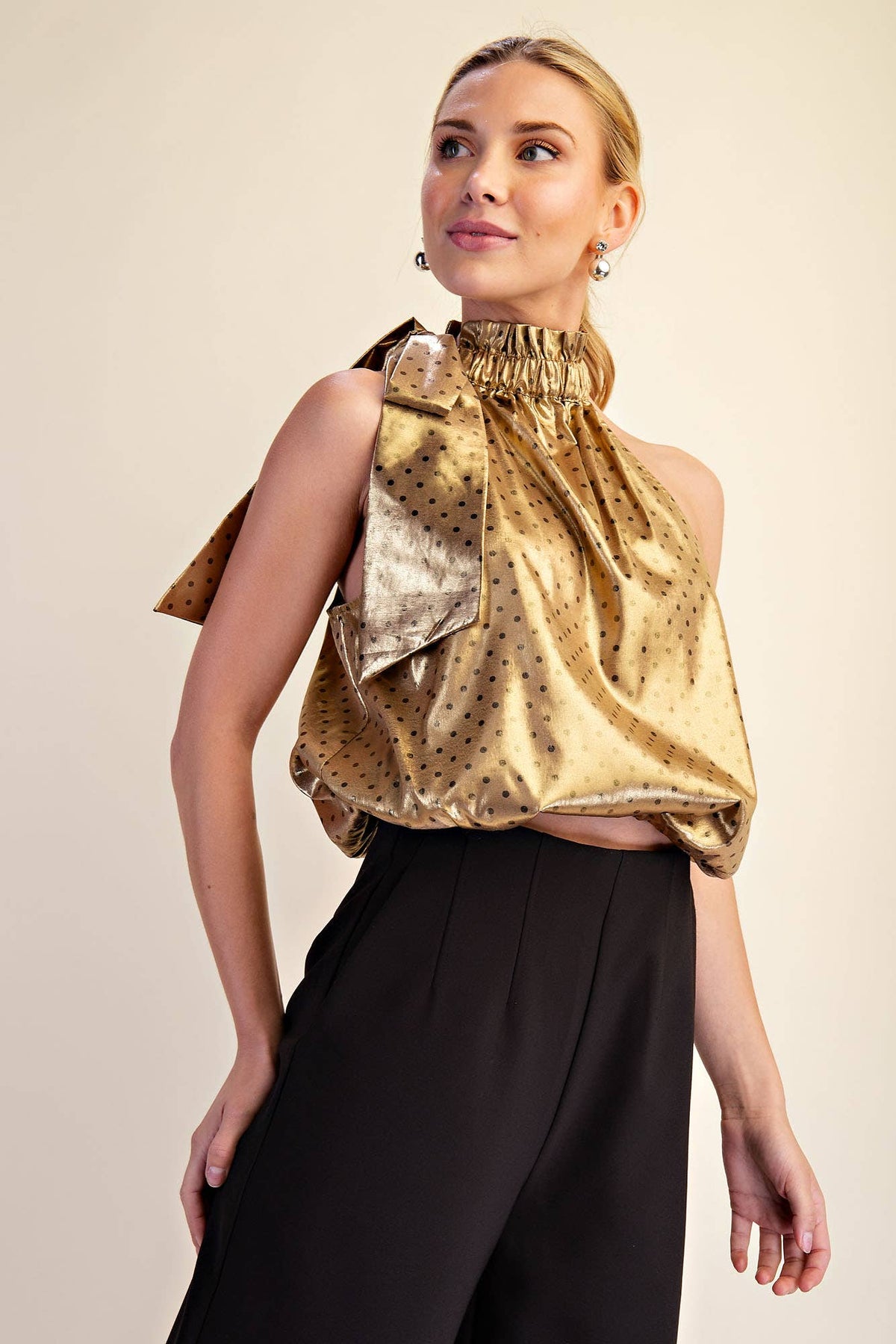 Polka Dot Tie Halter Neck Metallic Top