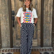 Navy and white polka dot wide leg pants
