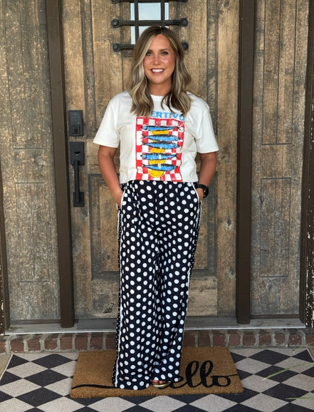 Navy and white polka dot wide leg pants