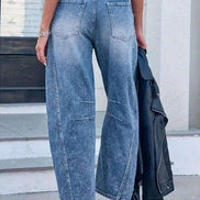 Washed Balloon Leg Denim Jeans High Waist Loose Fit