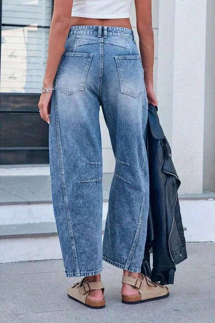 Washed Balloon Leg Denim Jeans High Waist Loose Fit