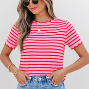 Stripe Scalloped Trim Round Neck T Shirt