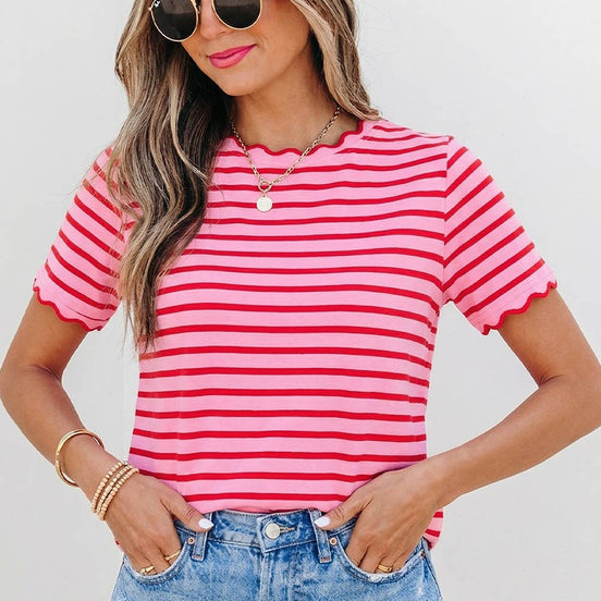 Stripe Scalloped Trim Round Neck T Shirt