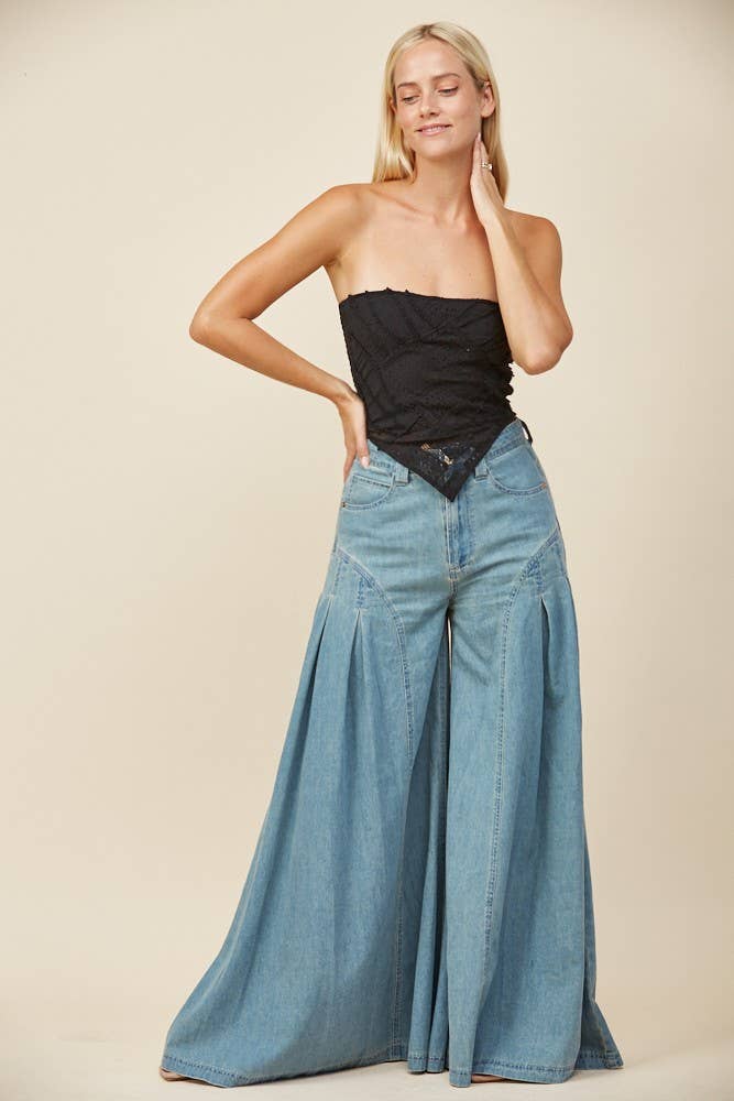 BOHO PLEATED WIDE-LEG DENIM PALAZZO PNTS