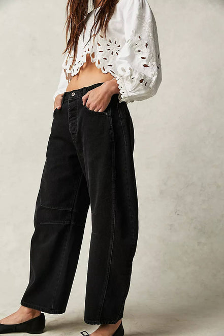 Washed Balloon Leg Denim Jeans High Waist Loose Fit