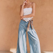 BOHO PLEATED WIDE-LEG DENIM PALAZZO PNTS