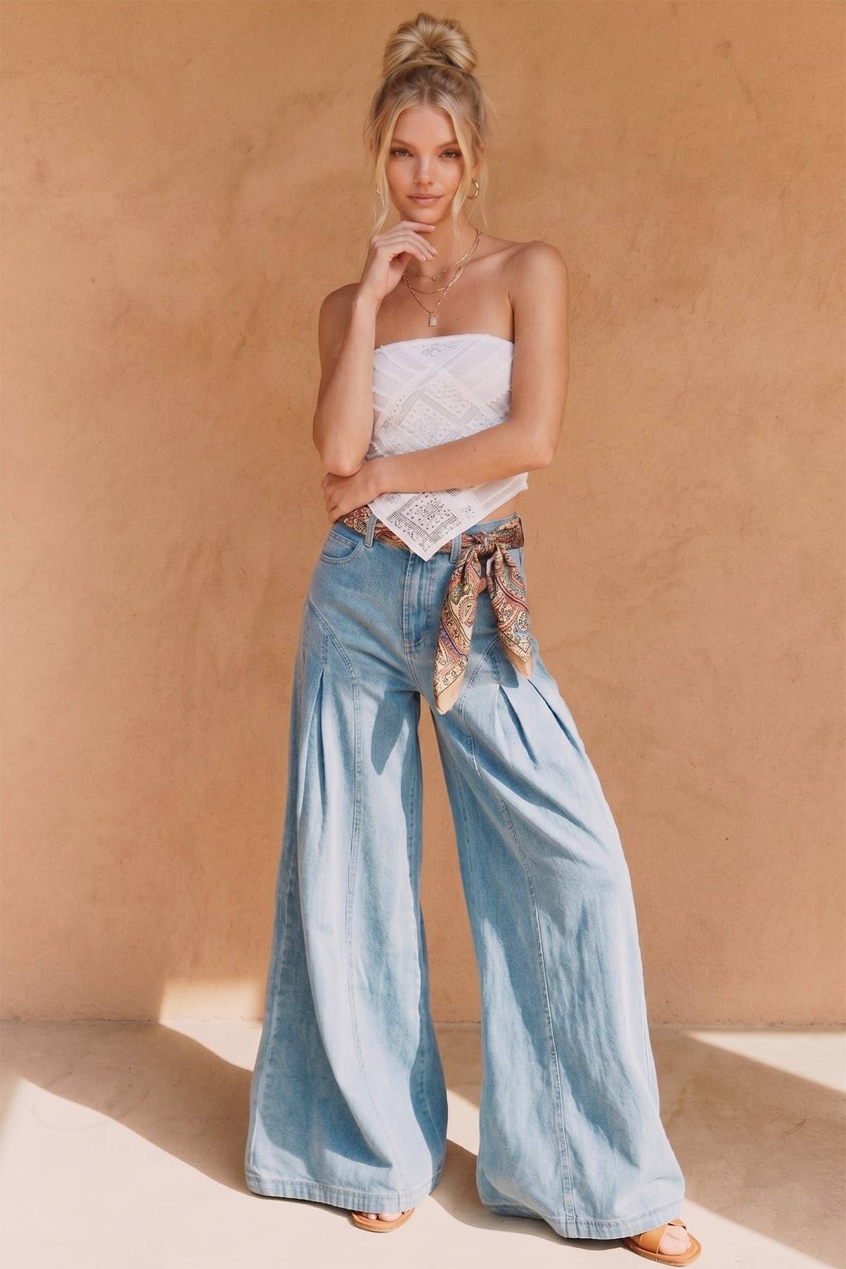 BOHO PLEATED WIDE-LEG DENIM PALAZZO PNTS