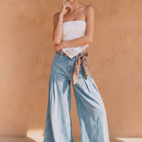 BOHO PLEATED WIDE-LEG DENIM PALAZZO PNTS
