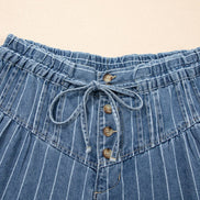 Stripe Button Pleated Drawstring Waist Wide Leg Jeans 4-4X