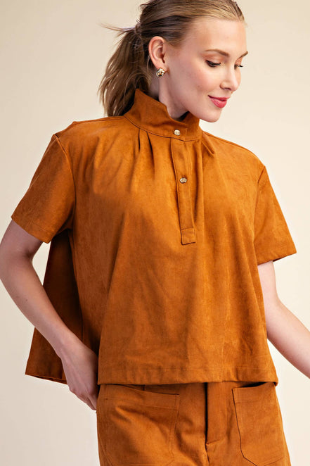Stand Collar Suede Short Sleeve Shirt