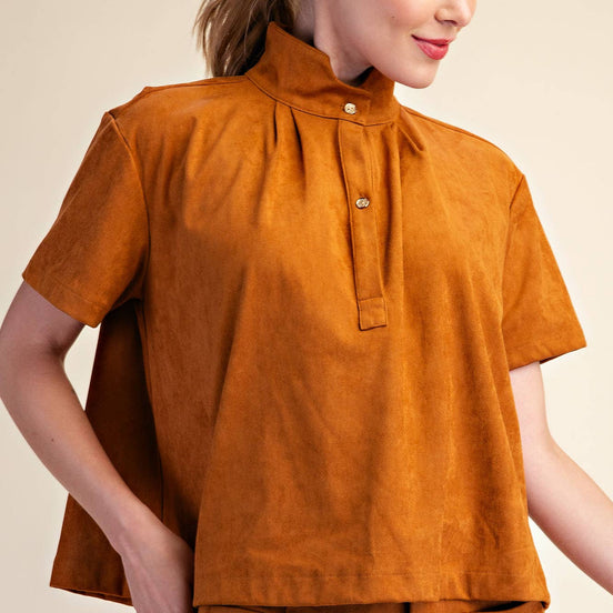 Stand Collar Suede Short Sleeve Shirt