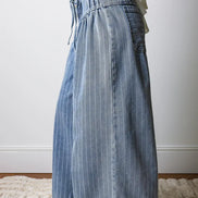 Stripe Button Pleated Drawstring Waist Wide Leg Jeans 4-4X