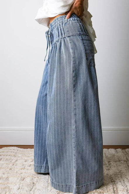 Stripe Button Pleated Drawstring Waist Wide Leg Jeans 4-4X