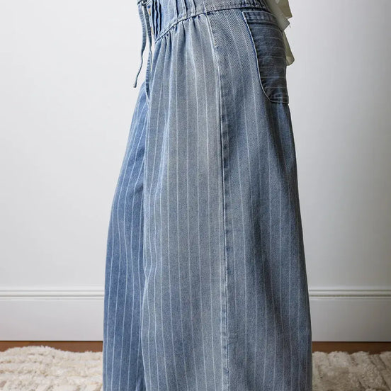 Stripe Button Pleated Drawstring Waist Wide Leg Jeans