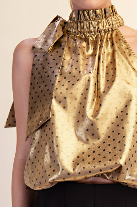 Polka Dot Tie Halter Neck Metallic Top
