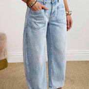 Solid Color Square Patch Pocket Ankle-length Barrel Jeans