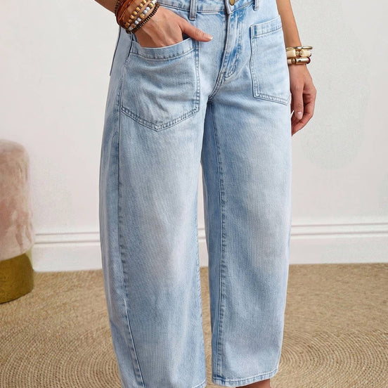 Solid Color Square Patch Pocket Ankle-length Barrel Jeans
