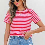 Stripe Scalloped Trim Round Neck T Shirt