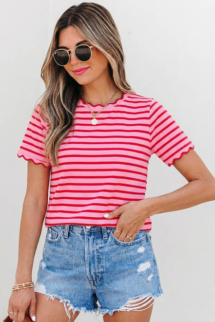 Stripe Scalloped Trim Round Neck T Shirt