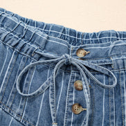 Stripe Button Pleated Drawstring Waist Wide Leg Jeans 4-4X