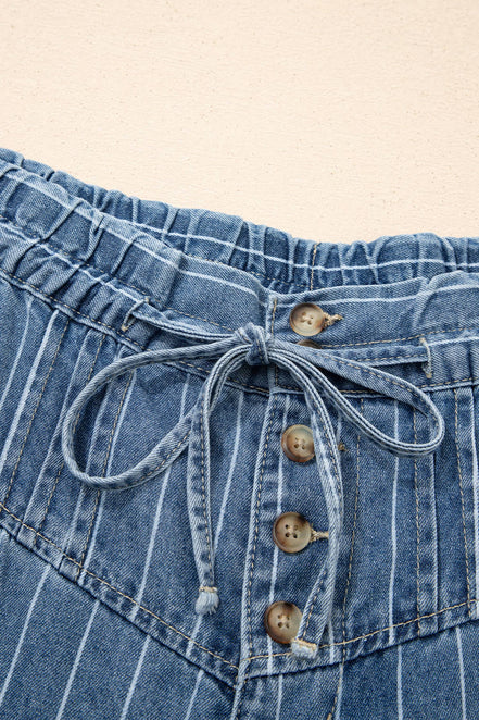 Stripe Button Pleated Drawstring Waist Wide Leg Jeans 4-4X