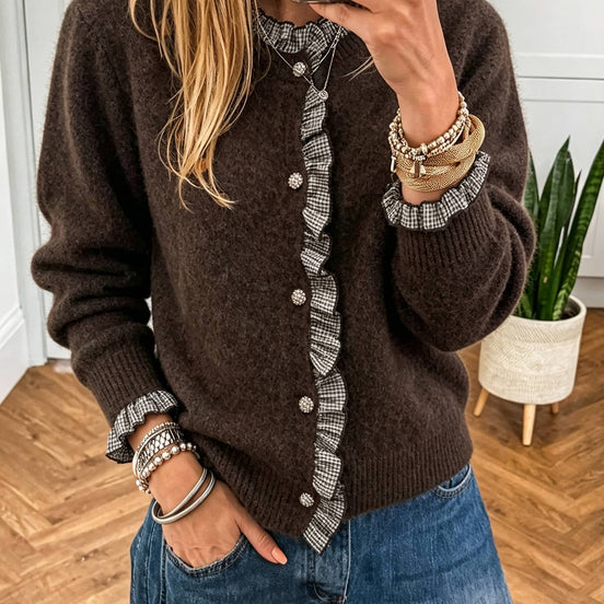 Contrast Plaid Ruffle Trim Pullover Sweater