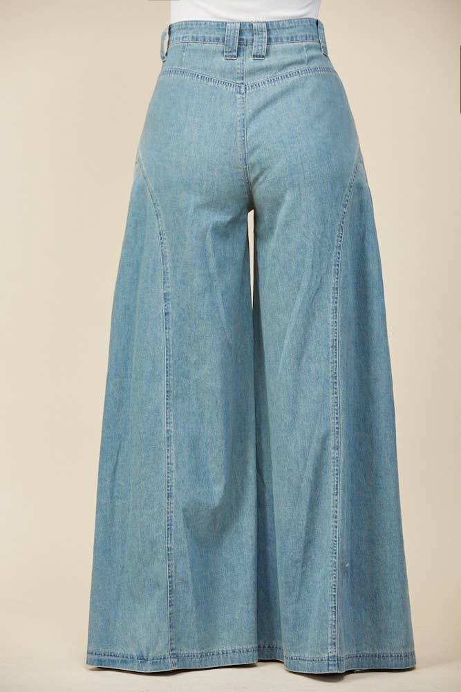 BOHO PLEATED WIDE-LEG DENIM PALAZZO PNTS
