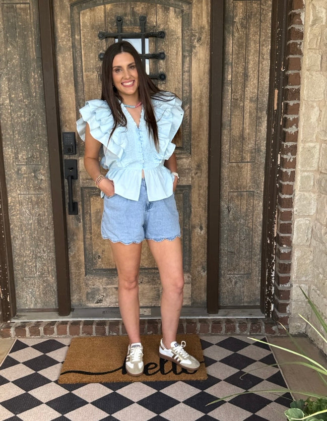 Western Scalloped Trim Pockets Denim Shorts | 4-16