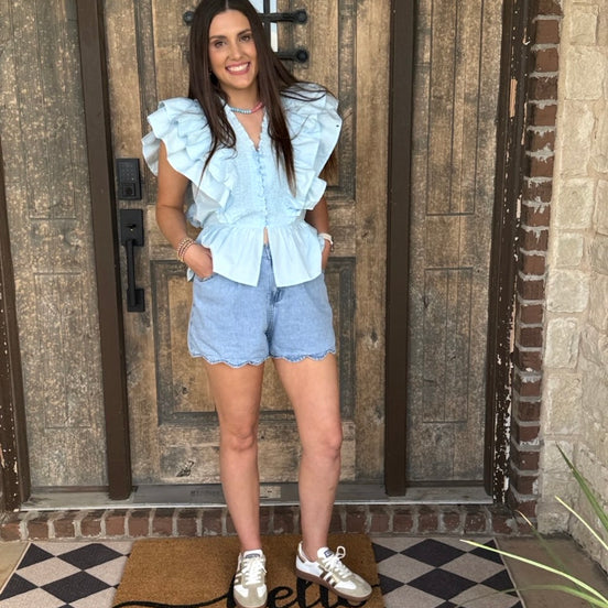 Western Scalloped Trim Pockets Denim Shorts | 4-16