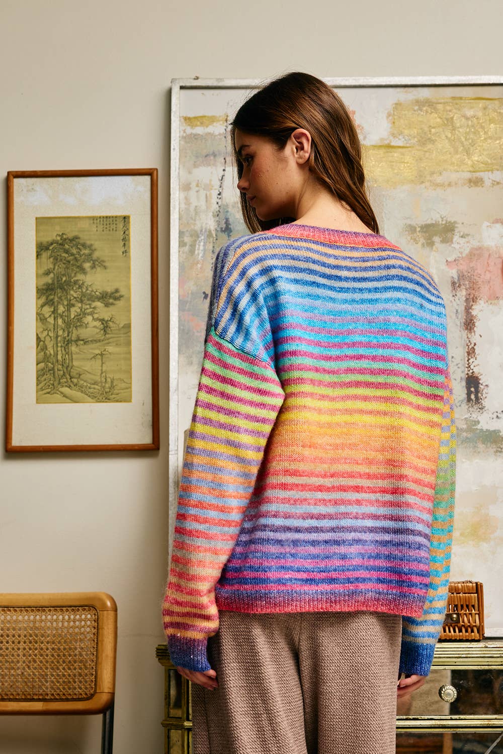 Rainbow Space-Dye Striped Button-Down Cardigan