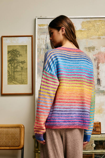 Rainbow Space-Dye Striped Button-Down Cardigan