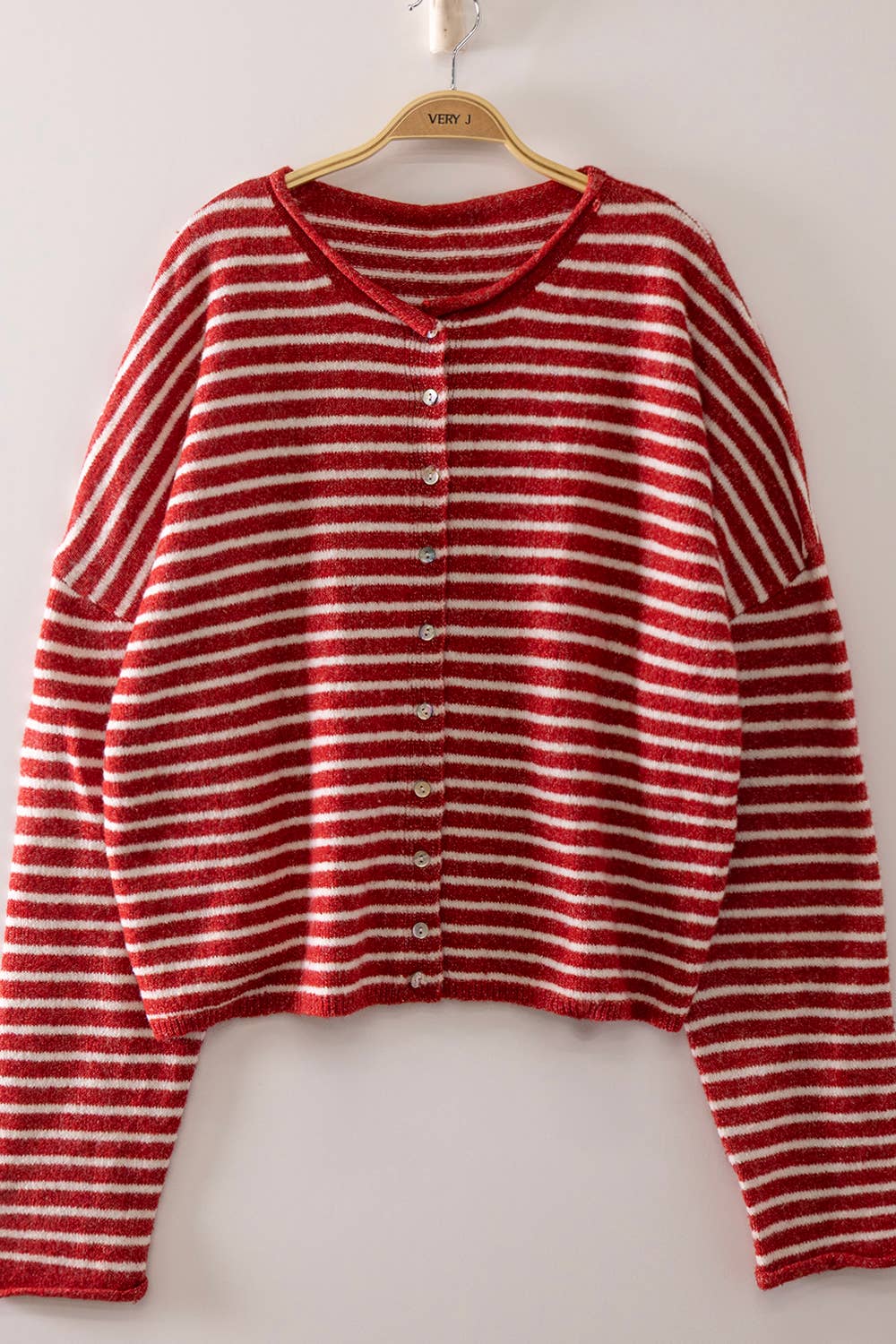 Red and White Button Down Stripe Cardigan