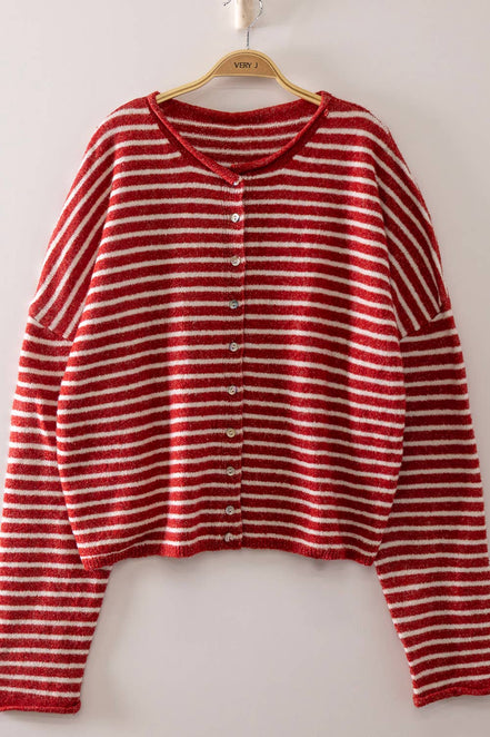 Red and White Button Down Stripe Cardigan