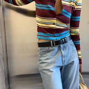 Striped Ribbed Knit Collared Cardigan