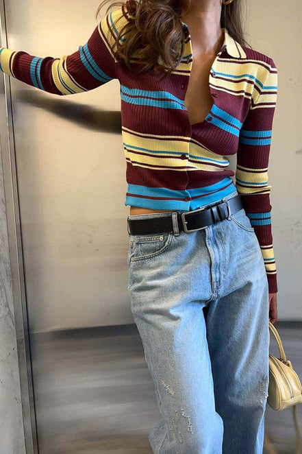 Striped Ribbed Knit Collared Cardigan
