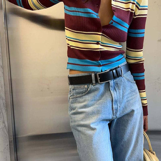 Striped Ribbed Knit Collared Cardigan