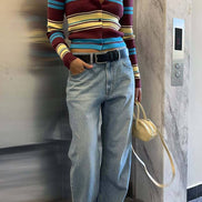 Striped Ribbed Knit Collared Cardigan