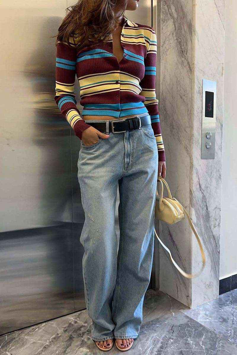 Striped Ribbed Knit Collared Cardigan