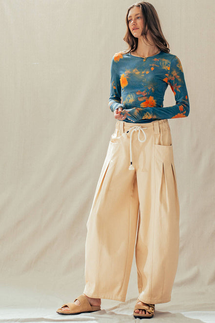 Rope Drawstring Balloon Pants Pleated Front