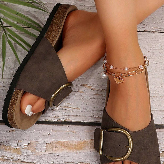 Buckle Decor Faux Suede Thick Sole Slippers