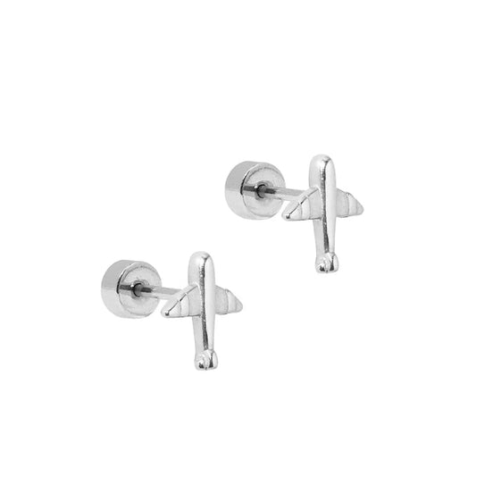 airplane screwback stud silver earrings